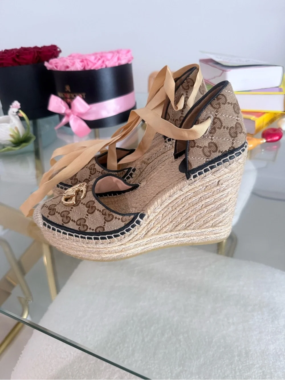 Gucci Brown Beige Monogram Espadrille Wedge Sandals with Gold Double G